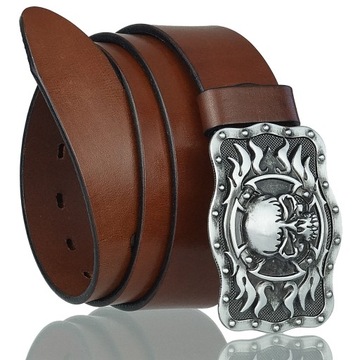 SKÓRZANY PASEK DO SPODNI 4 CM BRĄZOWY MOTOCYKLISTY CZASZKA PŁOMIENIE