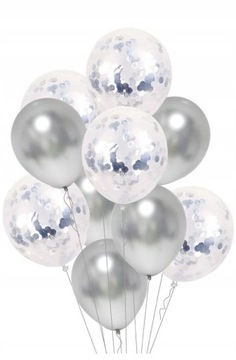 Balony 5x chrom 5x z konfetti srebrne 12