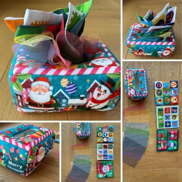 SORTER SENSORYCZNE PUDEŁKO Z CHUSTECZKAMI PLUSZOWE MONTESSORI ŚWIĄTECZNE