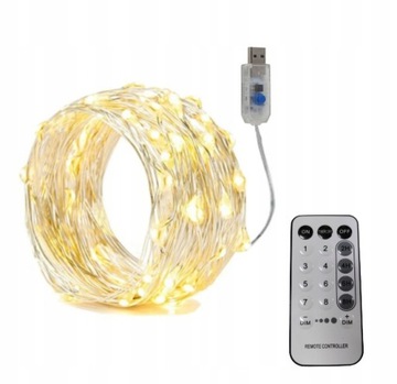 LAMPKI DRUCIKI 100 LED CIEPŁY USB+PILOT
