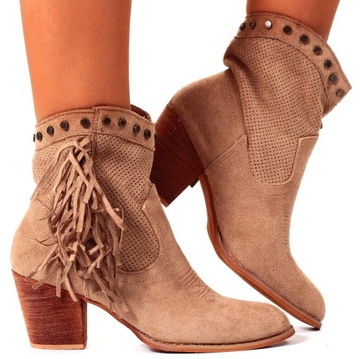 BOTKI DAMSKIE BUTY NA OBCASIE KOWBOJKI ZAMSZOWE