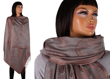 PASHMINA SZAL Beżowo- Srebrno -Stalowy Haftowany NOWY Z-1