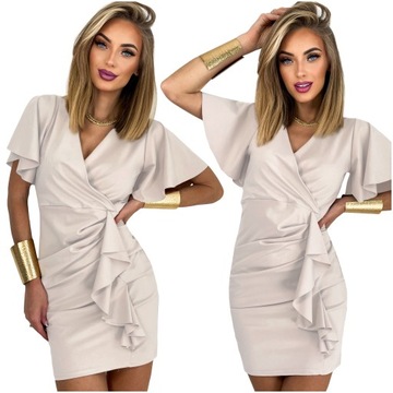 Sukienka elegancka MINI ozdobna falbana na wesele KOPERTOWY DEKOLT L/XL