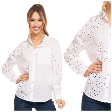 ELEGANCKA BIAŁA KOSZULA DAMSKA BAWEŁNIANA AŻUROWA LUŹNA BOHO MORAJ R.XL