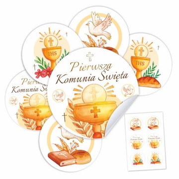 PIERWSZA KOMUNIA ŚWIĘTA NAKLEJKI PRZYJĘCIE ZESTAW RELIGIJNY 4cm 6 szt