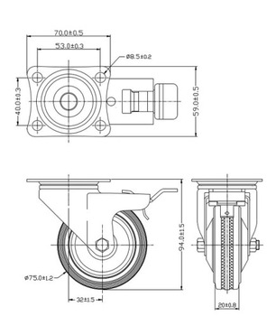 ПОВОРОТНОЕ КОЛЕСО С ТОРМОЗОМ 75 ММ МЕТАЛЛ И РЕЗИНА ДЛЯ ТРАНСПОРТНОЙ ТЕЛЕЖКИ