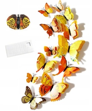 Naklejki Ścienne 3D Motyle Motylki Podwójne Żółte Dekoracja Komplet 12 szt.