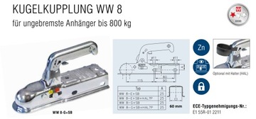 ШАРОВАЯ СЦЕПКА 800 кг, КВАДРАТ 60 мм С УТВЕРЖДЕННЫМ КРЮКОМ.