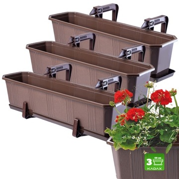 3x SKRZYNKA BALKONOWA 60cm UCHWYTY BRĄZOWA