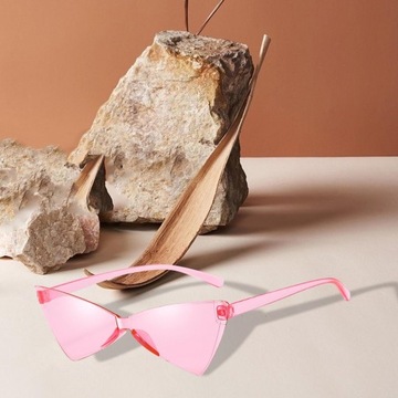 Letnie okulary przeciwsłoneczne kocie oczy, przyciemniane, bezramowe, różowe