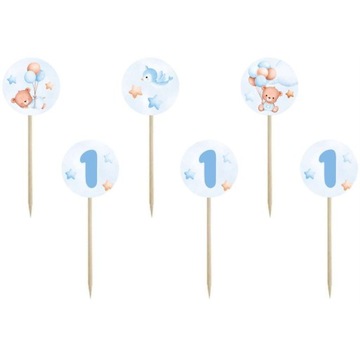 PIKERY błękitne MISIE do muffinek BABECZEK na roczek CHŁOPCA x6