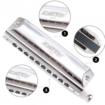 Harmonijka ustna chromatyczna 10-kanałowa 40-tonowa C-dur EastTop T10-40