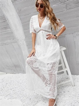 Dlhé biele šaty na leto čipkované elegantné