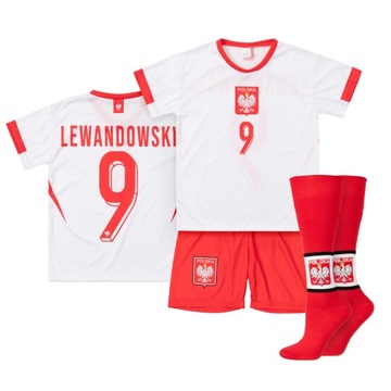 Komplet / strój piłkarski + getry LEWANDOWSKI POLSKA 9 rozm. 128