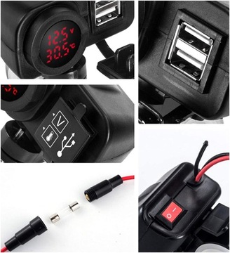 ЗАРЯДНОЕ УСТРОЙСТВО ДЛЯ МОТОЦИКЛА 2x USB ВОЛЬТМЕТР ТЕРМОМЕТР