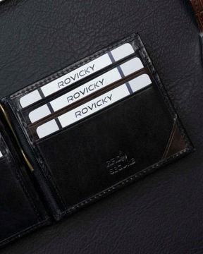 Stylowa, skórzana banknotówka męska z przegródkami na karty Rovicky