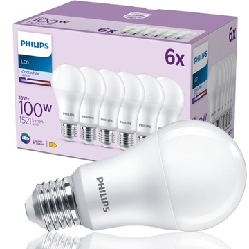 PHILIPS ZESTAW 6x Żarówka LED E27 13W=100W 4000K NEUTRALNA BIAŁA 1521lm A67