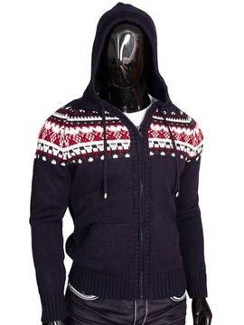 Rozpinany Sweter Męski z Kapturem Wzór Norweski Premium