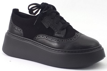 NESSI 24581 DAMSKIE SNEAKERSY PÓŁBUTY SKÓRZANE CZARNE WIĄZANE ZAMSZOWE 41