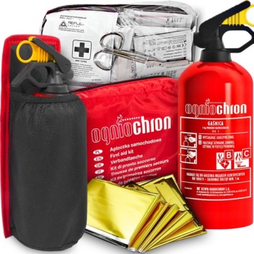 GAŚNICA SAMOCHODOWA PROSZKOWA BC 1KG + APTECZKA + UCHWYT DO BAGAŻNIKA RZEP