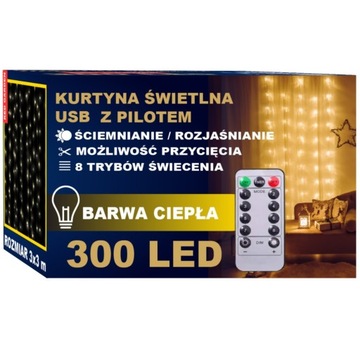 KURTYNA ŚWIETLNA LED 300 WISZĄCE LAMPKI NA USB 3x3M NA WEWNĄTRZ I ZEWNĄTRZ