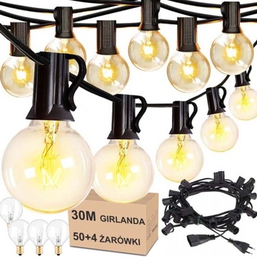 GIRLANDA LAMPKI OGRODOWA ŁAŃCUCH ŚWIETLNY 30M 50x ŻARÓWKI