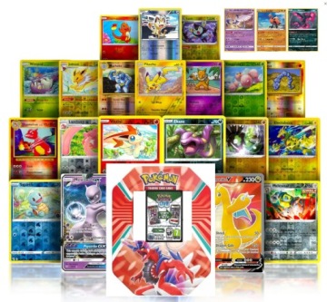 TCG Pokemon — набор из 100 оригинальных карт + 10 голо + 2 легенды + банка SAG