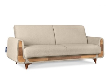 KANAPA ROZKŁADANA SOFA 3 KREMOWA DREWNO BOUCLE