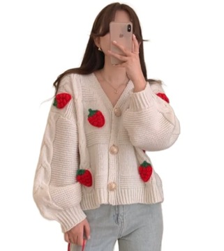SWETER BEŻOWY W TRUSKAWKI KARDIGAN Z GUZIKAMI