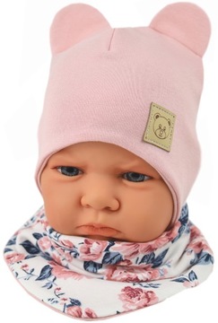 KOMPLET CZAPKA + APASZKA DWUSTRONNA 38-40 WIOSNA / JESIEŃ PUDROWY RÓŻ 3m+