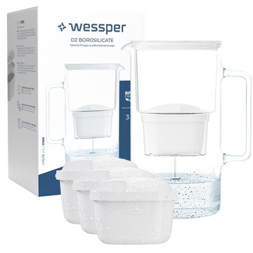 DZBANEK SZKLANY WESSPER D2 BOROSILICATE 3l + 3x FILTR WKŁAD WODY AQUAFLOOW