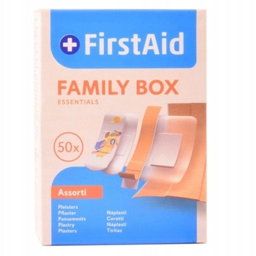 Zestaw 50szt Plastrów FIRSTAID Family Box Mix Mocne Cieliste Różne Rodzinne