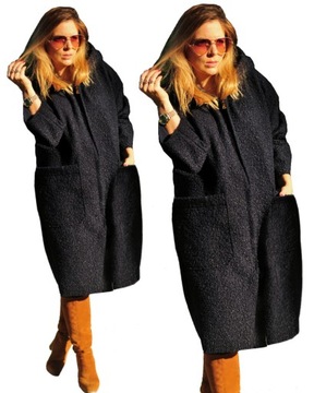 CIEPŁY PŁASZCZ BARANEK z kapturem NA SUWAK granat