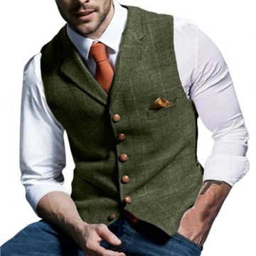 Brown Casual Gentleman Men's Army Green Vest Plaid
