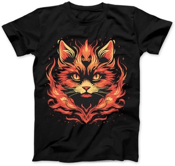 Koszulka Damska Kot w Płomieniach Czarna L Tshirt Kot Koty Prezent