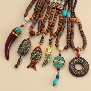 Naszyjnik Drewniany NEPAL BUDDYJSKI MALA TYBETAŃSKI KORALE HANDMADE Amulet