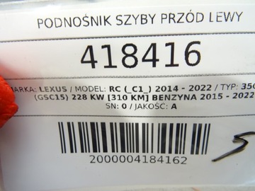 ZVEDÁK OKNO LEVÝ PŘEDNÍ LEXUS RC 85720-24070 SPORTOWY/COUPE