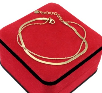 BRANSOLETKA NA NOGĘ STAL CHIRURGICZNA ZŁOTA ŻMIJKA PODWÓJNA