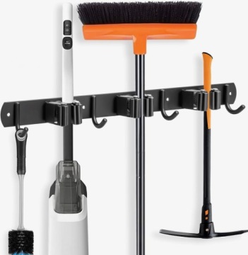Держатель для инструментов черный короткий 3 ручки 4 крючка большой самоклеящийся Швабра