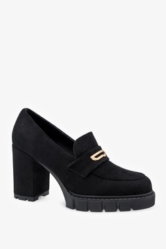 CZARNE MOKASYNY DAMSKIE PÓŁBUTY NA SŁUPKU ZE ZŁOTĄ OZDOBĄ MODNE r 39