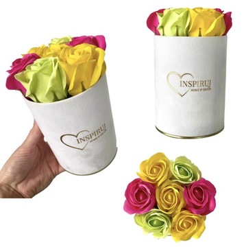 FLOWERBOX Z KWIATAMI MYDLANYMI PREZENT KWIATY RÓŻE MYDLANE WELUROWE PUDEŁKO