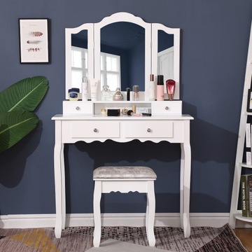 Stolik do stylizacji z 3 lustrami 4 szuflady 1 stołek Toaletka Biały 145cm