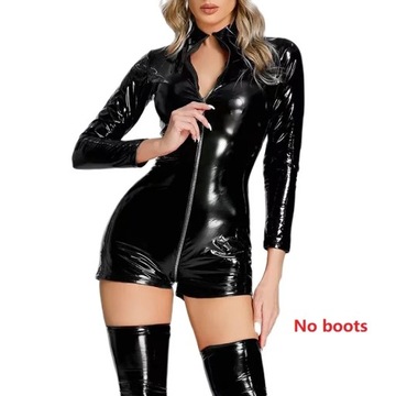 Double Zipper Sexy Open Crotch Glossy Leather Body