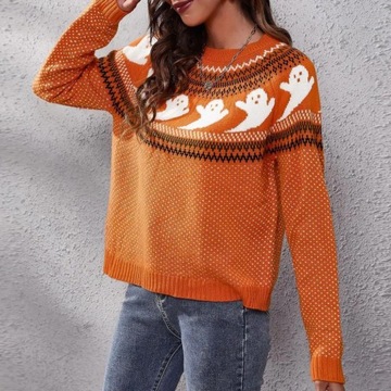 Cartoon Ghost Print Sweater Cozy Halloween Style S