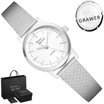 ZEGAREK DAMSKI Pierre Ricaud SREBRNY KLASYCZNY PROSTY MESH + GRAWER