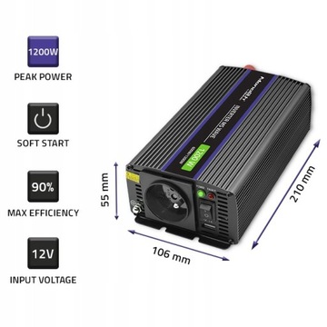 Qoltec Monolith 1200 MS Волновой преобразователь 12 В/230 В 600/1200 Вт USB