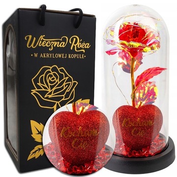 WIECZNA RÓŻA W SZKLE LED + SERCE KOCHAM CIĘ ŚWIECĄCA NA BATERIE + KABEL USB