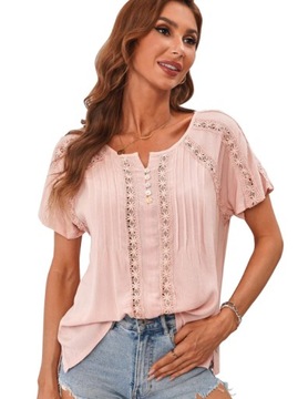 bluzka krótki rękaw fason klasyczny rozmiar XL różowa koszulka z koronką