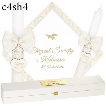 ŚWIECA NA CHRZEST + PUDEŁKO SZATKA I ŚWIECA DO CHRZTU HAFT + GRAWER - BOHO