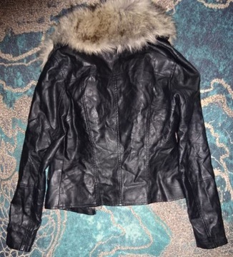 RIVER ISLAND czarna ramoneska z odpinanym kołnierzem futrem zamki r.34